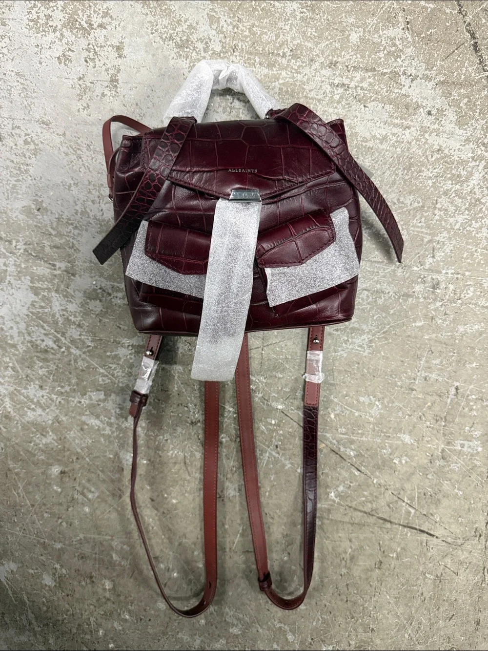 AllSaints Croc-Embossed Burgundy Leather Backpack